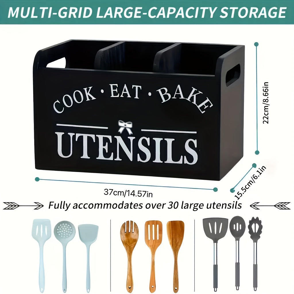 Rustic Wooden Kitchen Utensil Holder, 1pc 3-Compartment Storage Box, Kitchen Must Haves, Countertop & Wall-Mounted Organizer, Wood Material, Kitchen Accessories For Cook, Eat, Bake Tools, Kitchen Organizers And Storage