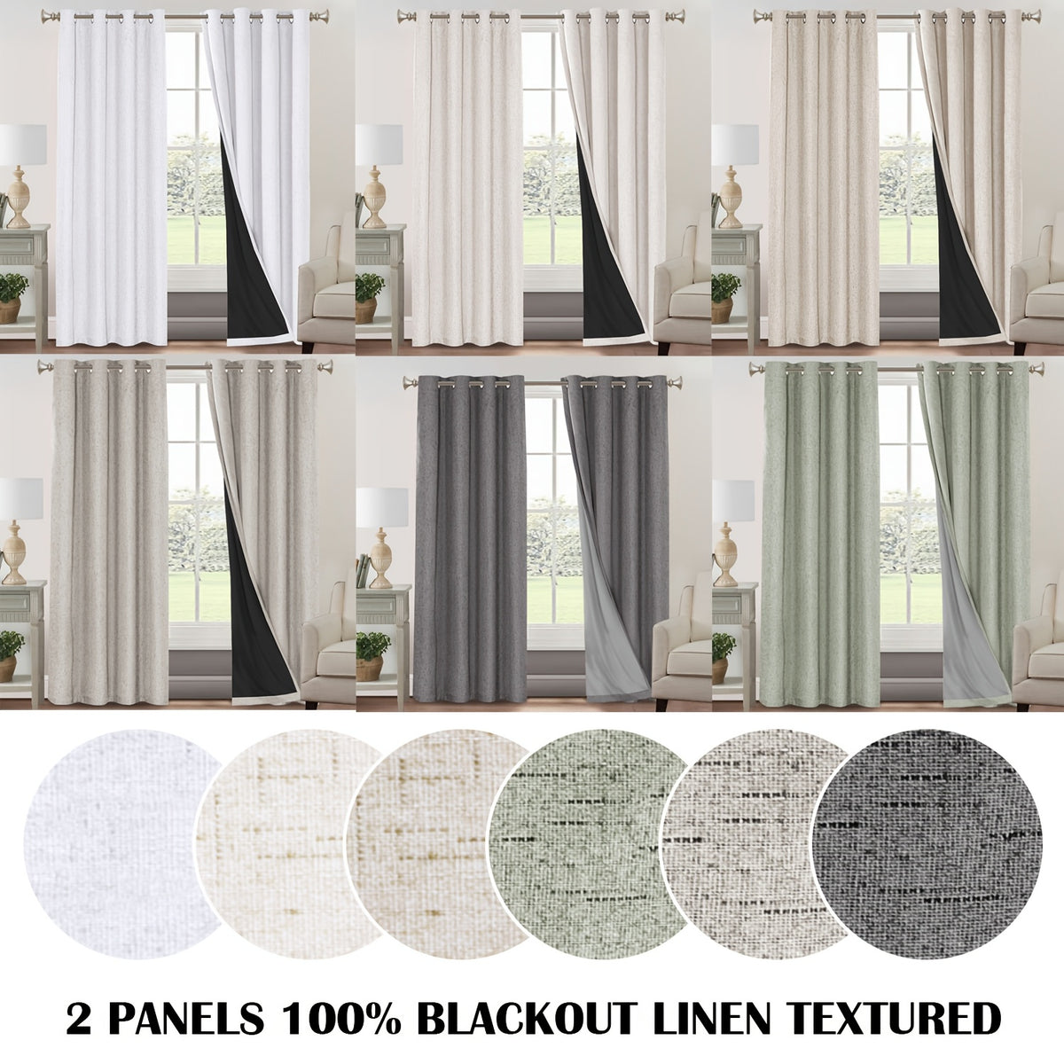 2 Panels 100% Blackout Linen Textured Curtains Thermal Insulated Curtains for Winter Noise Reducing Window Drapes with Grommet for Hall Room Bedroom Living Room PRINCEDECO