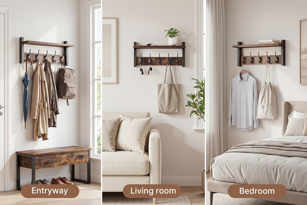 Wooden Wall-Mounted Shelf - Coat And Key Organizer with Floating Shelf And 5 Hooks, Key Rack for Bedroom And Entryway Storage, Towel Organizer for Bathroom, Suitable for Kitchen, Living Room, Bedroom, Bathroom