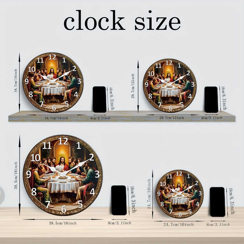 Religious Last Supper Wall Clock- Silent Non-Ticking Mute Clock& Disciples, Large Face, Golden Hands& Roman Numerals- Artificial Construction for