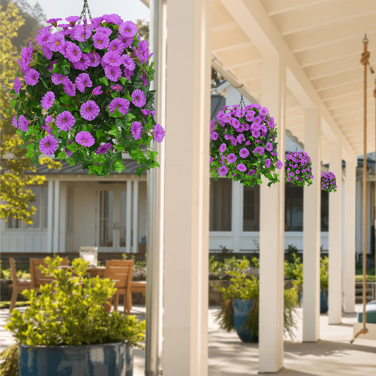UV-Resistant Artificial Hanging Flowers Suitable for Outdoors, Fake Petunias with Container - Realistic Hanging Plants for Garden, Patio, Porch Decor, Wedding & Mother' Day Decoration, Low-Maintenance Plastic Faux Flowers for Balcony Railings