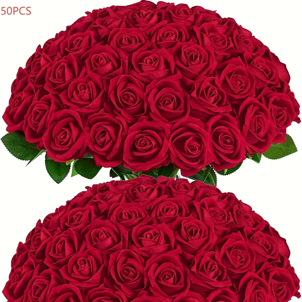 50/100pcs Red Roses Artificial Flowers, Real Touch Velvet Roses Bouquet Fake Flowers Bulk, Artificial Roses with Long Stems for Valentines Day Gift DIY Bridal Wedding Centerpiece Decorations, Mothers Day Decor, Home Decor, Room Decor, Rosas Eternas