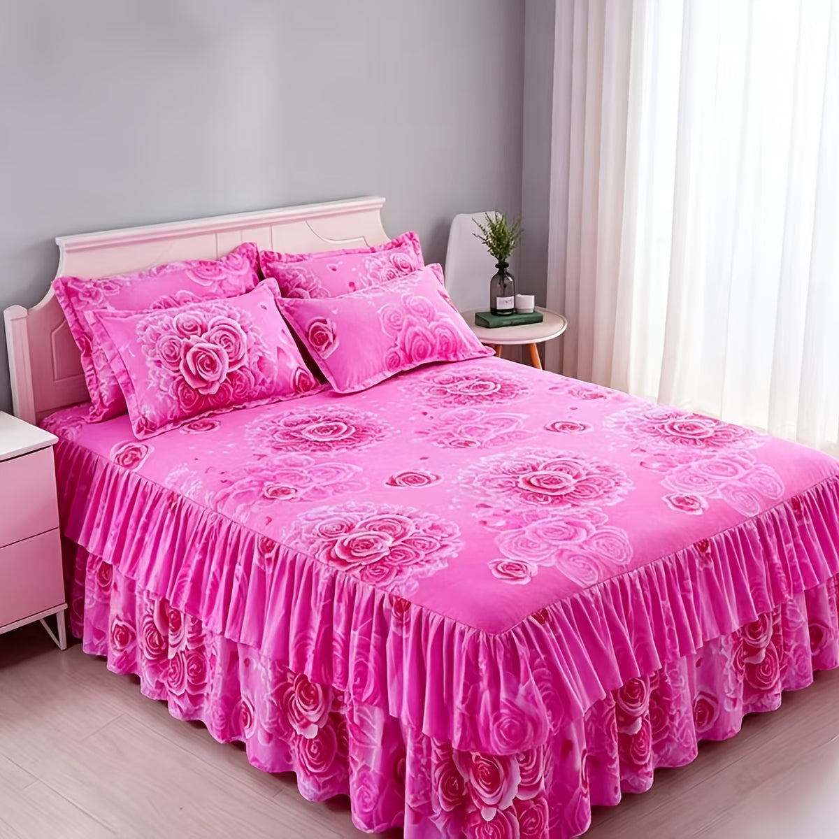 3pcs Tropical Floral Bed Skirt Set - Includes 1Non-slip Lace Bed Skirt And 2 Decorative Pillowcases All-season Polyester Bedding with Ruffles Machine Washable. Elegant Purple Color, Suitable for Bedrooms And Guest Rooms Bedding Set Without Inserts