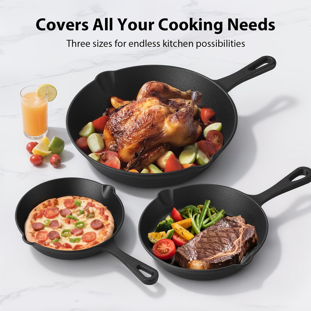3/4/5pcs Cast Iron Skillet Set, Professional-Grade Commercial Quality Pre-Seasoned Cookware, Suitable for Frying, Sautéing, and Cooking, Usable Indoors/Outdoors, in Ovens, and on Grills