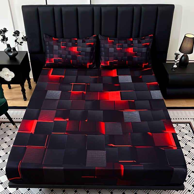 2D Flat 3pcs Cool Technology Digital Printing Material Plaid Fitted Sheet(1pc Bed Sheet+2pcs Pillowcase No Filling) Deep Pocket In 15 Inch, At Home Dormitory Suitable for All Seasons Mattress Protector
