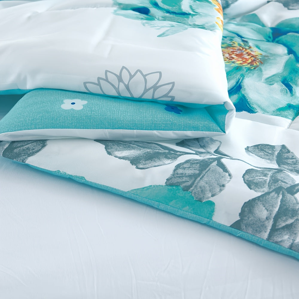 2/3pcs Teal Floral Bedding Comforter Set | Gradient Tones Oil Painting Style, Elegant Botanical Floral, Twin/Queen/King, Upgraded Luxury Quilt Set for All-Season, Bed in A Bag, Home Decor, Soft, Lightweight, Breathable, Microfiber, Ideal Family Gift
