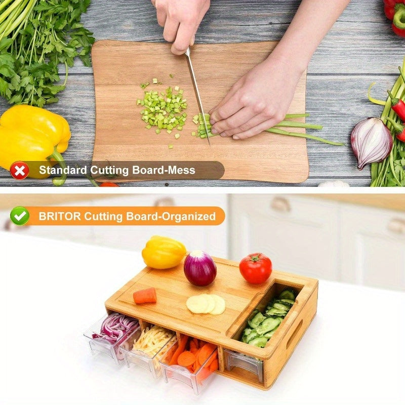 One Durable Bamboo Cutting Board Featuring Four Drawers Or Two Stainless Steel Trays, Designed with a Food Sliding Opening. This Carving Board Comes with Trays for Food Storage, Transport, And Easy Cleanup, Making It an Ideal Christmas Gift