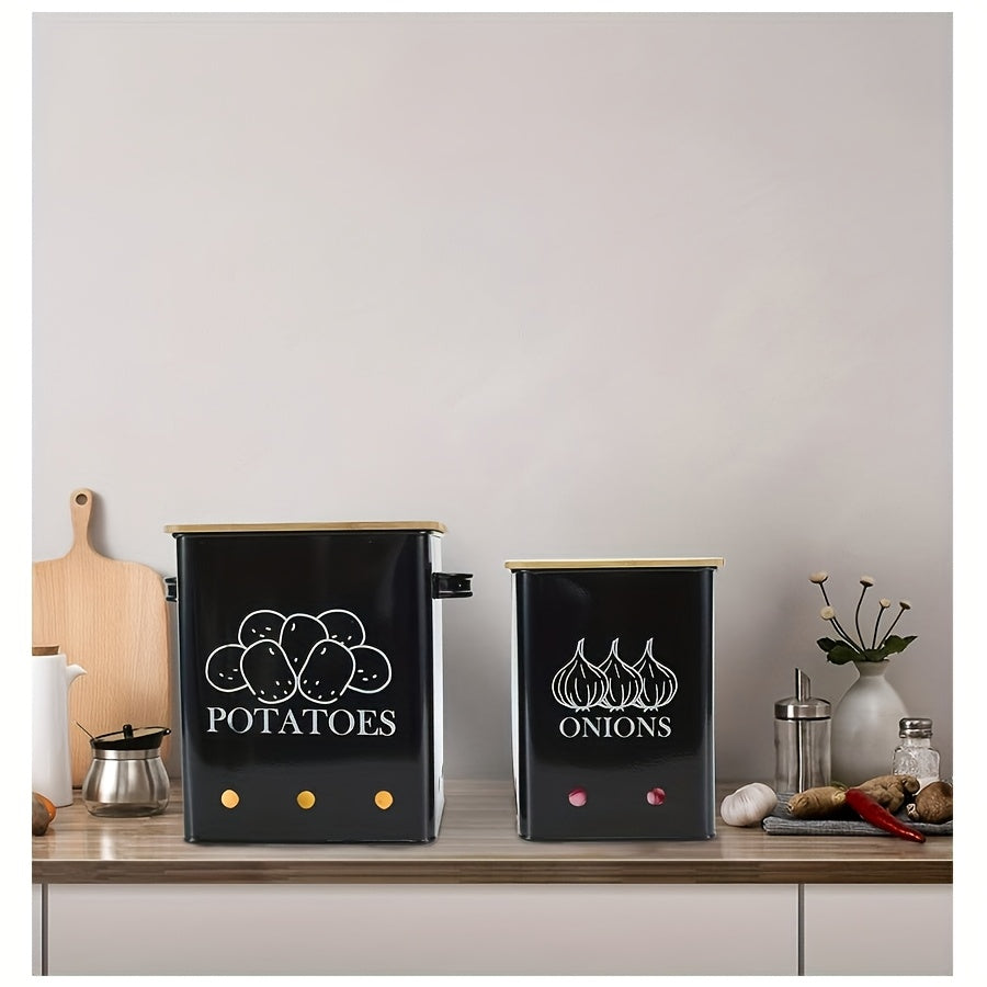 Kitchen Storage Canister, Potato Onion Storage Bin With Aerating Tin Storage Holes & Wooden Lid, Kitchen Organizers For Onion, Potato, Fruit, Black