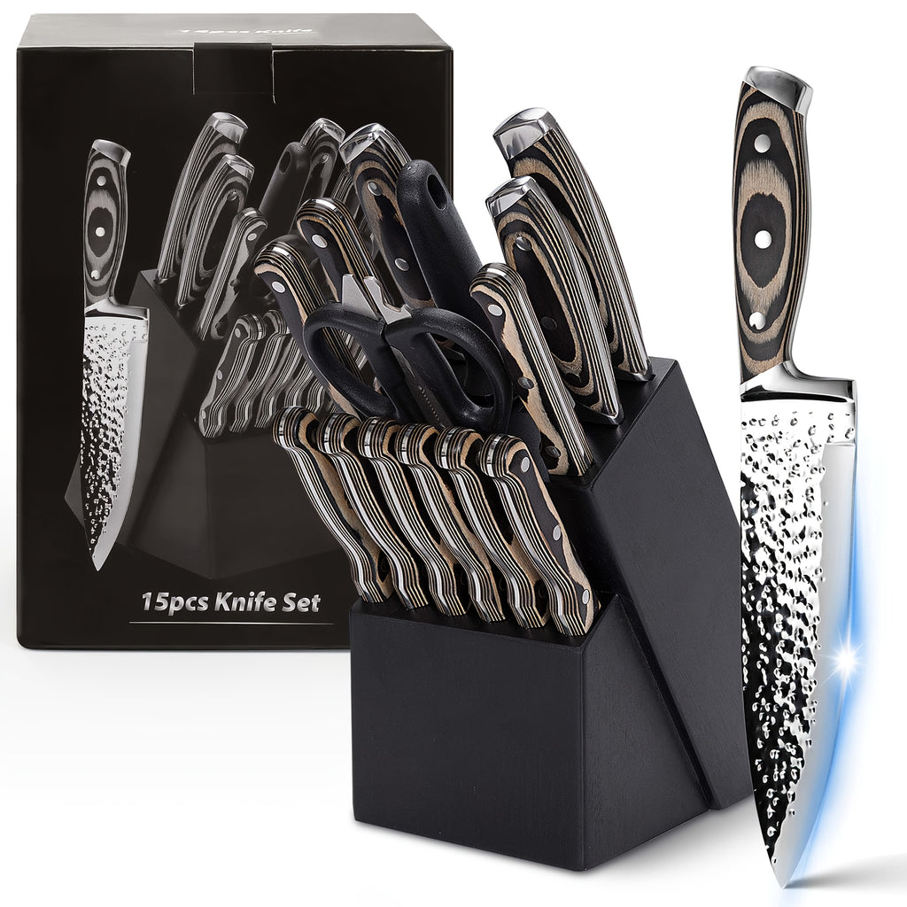 Kitchen Knife Set, 15pcs Knife Set With Block Wooden, Self Sharpening For Chef Knife Set, Medium Carbon Stainless Steel Hammered Knife Block Set With Steak Knives, Knives For Men, Boxed Knife Sets For Kitchen, For Family Gift, Local Warehouse