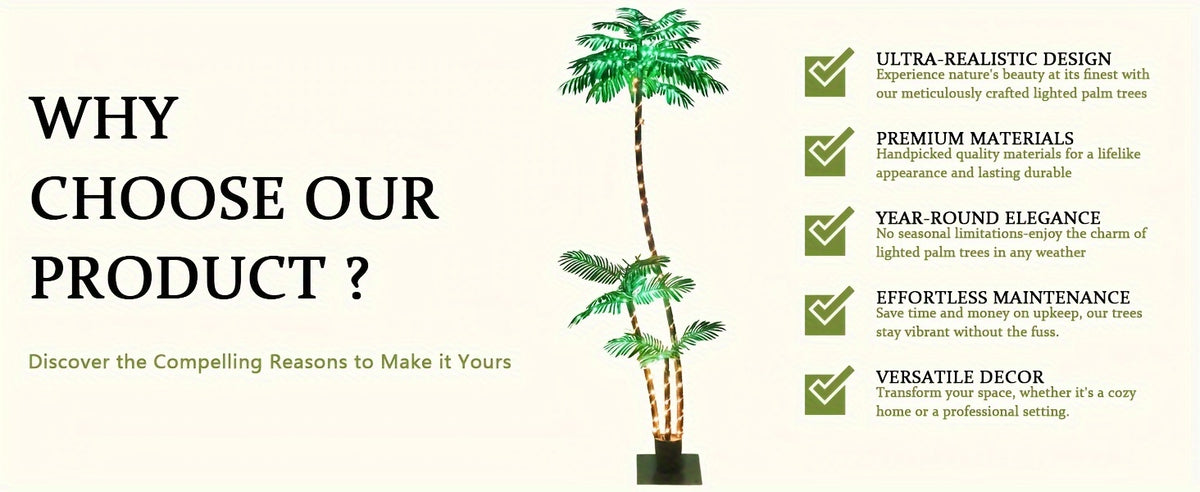 Triple Trunk Solar Palm Tree with Lights, 7 ft Artificial Tropical Decor with 260 LEDs, Eight Lighting Modes and Dimming for Patios and Tiki Parties