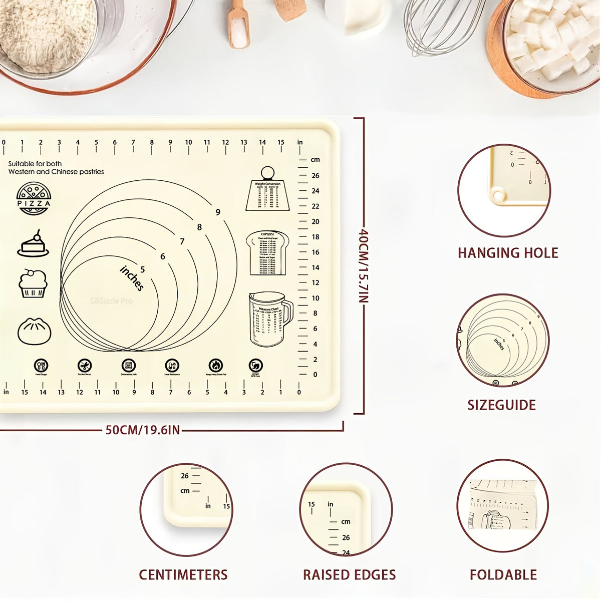 Silicone Pastry Mat with Measurements, Extra-Thick Non-Slip Reusable Dough Rolling Surface for Pizza, Pie Crusts and Everyday Home Baking Prep
