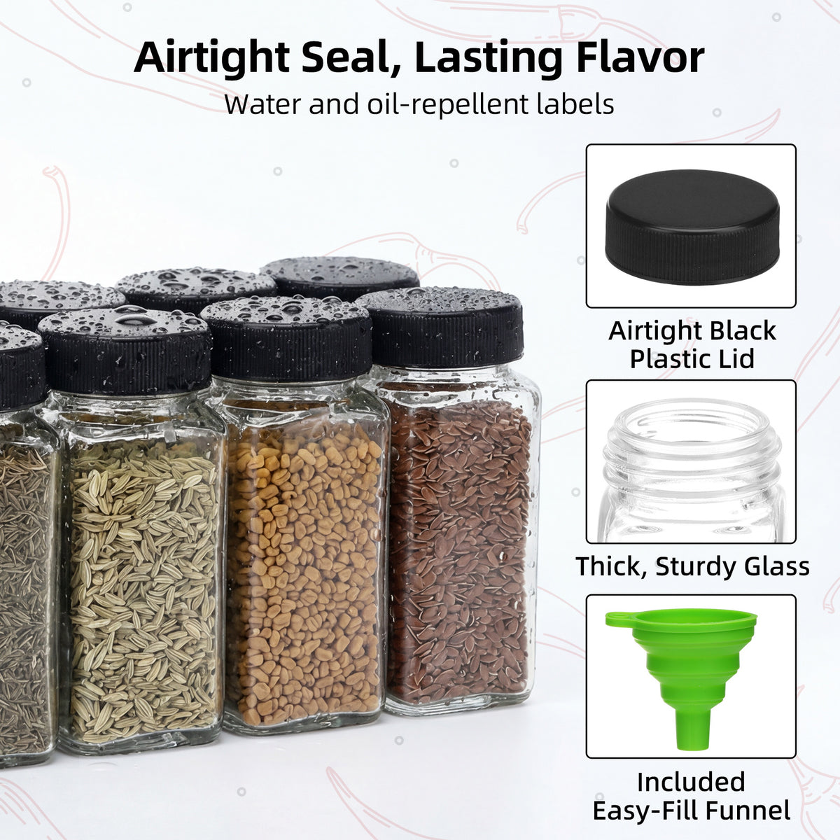 whonline 16pcs/24pcs/36pcs/48pcs Spice Jars, 4oz Glass Spice Jars with Labels - Shaker Lids, Collapsible Funnel, Brush and Marker, Seasoning Bottles for Spice Rack Drawer Cabinet
