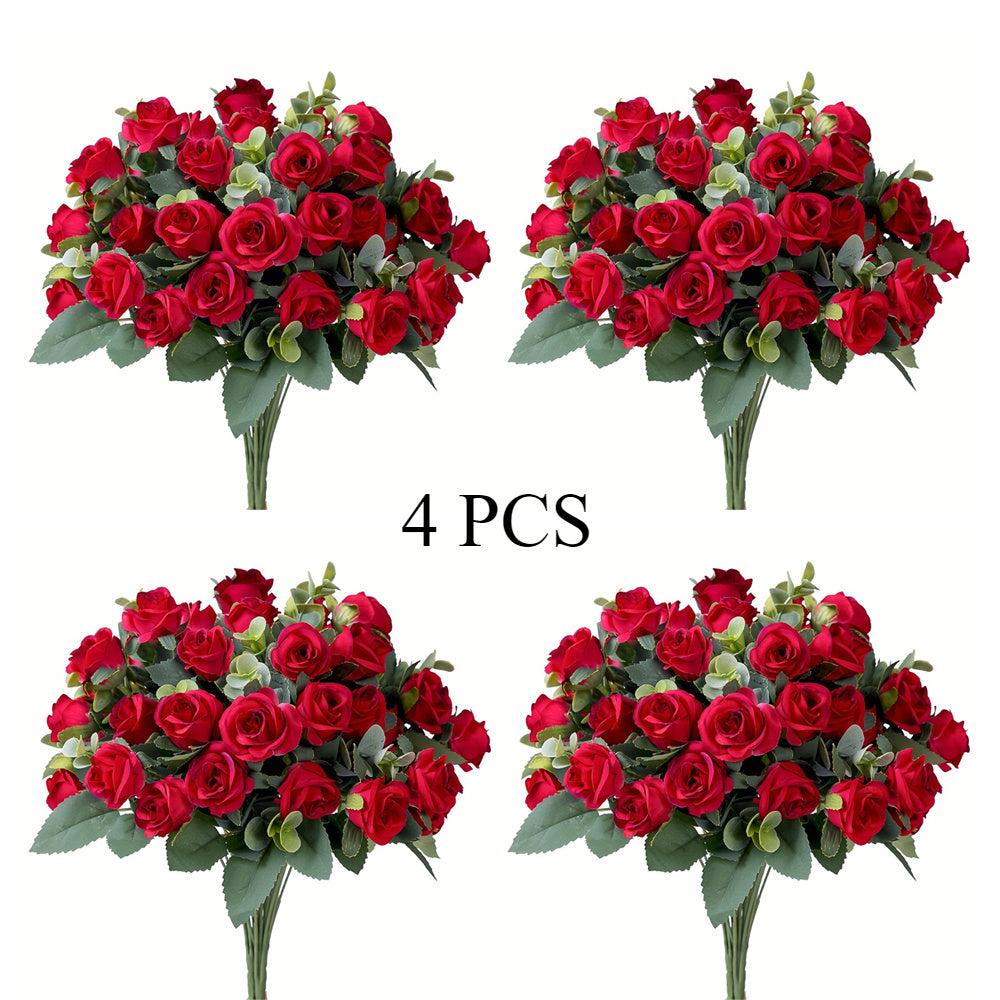 4 Bunches of Realistic Artificial Roses - Vibrant Pink, Red, White And Green Plastic Faux Flowers, Suitable for Valentine'S Day, Weddings, Home Decoration, Indoor/ Outdoor Flower Arrangements (No Maintenance Required)