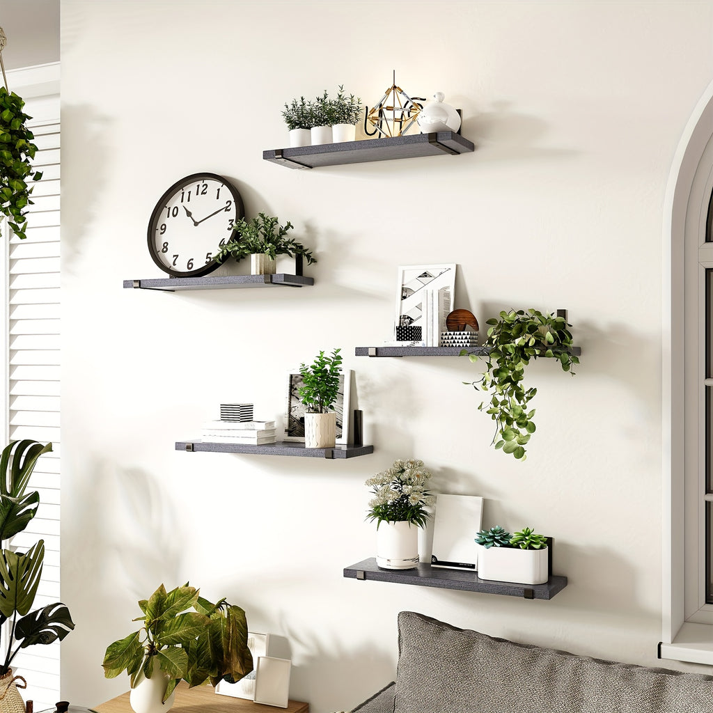 Floating Wood Wall Shelves, 5 or 10 Piece Rustic Storage Set in Gray or White, 15.8 x 4.7 Inch Ledges for Kitchen Organization and Room Displays