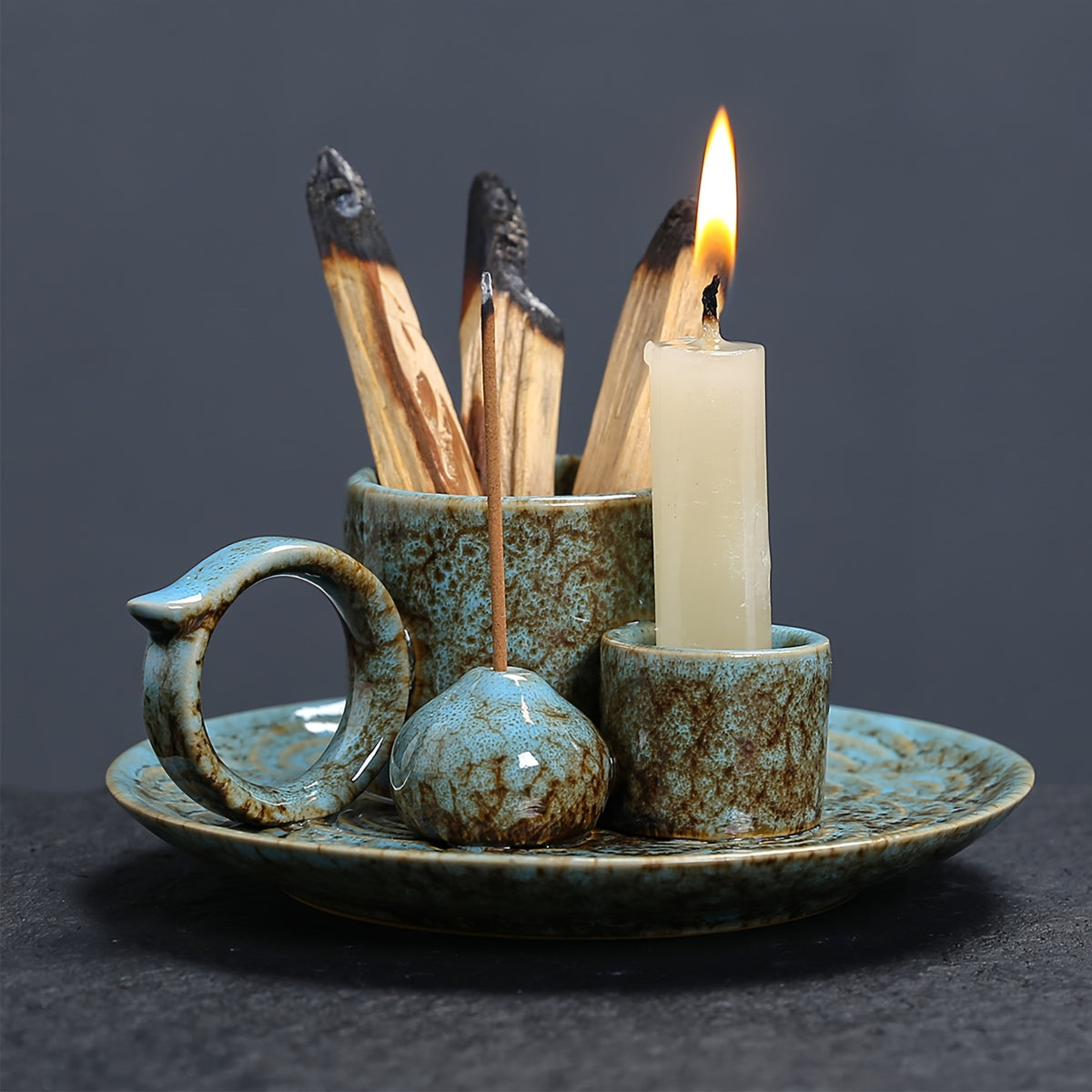 1pc Premium Ceramic Incense Burner, 4-in-1 with Handle, Suitable for Incense Sticks, Sage, Candle Holder, Perfect Ash Collection, Exquisite Home Decor Tray, Ideal for Yoga, Meditation, Housewarming, Gifts for Friends and Family