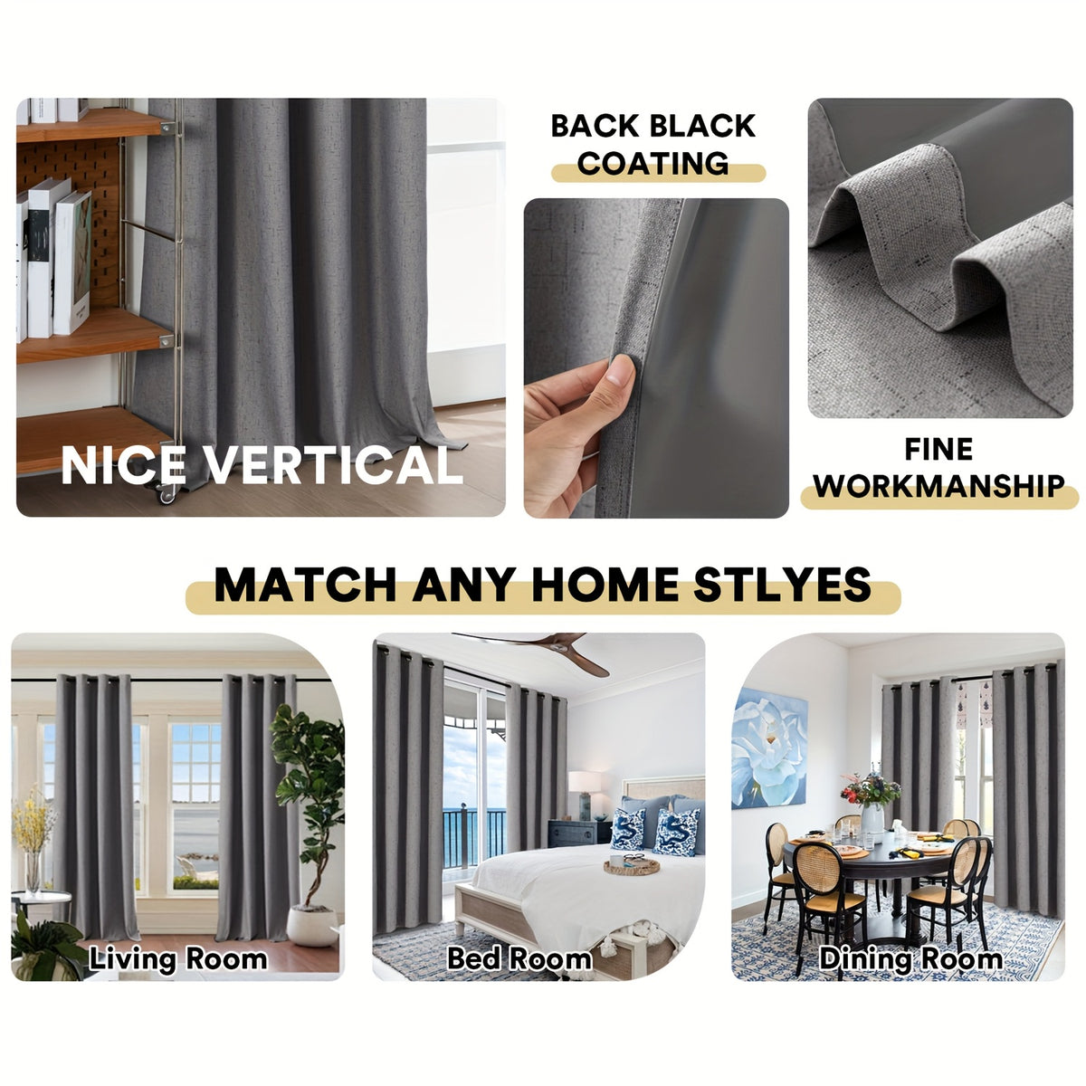 2 Panels 100% Blackout Linen Textured Curtains Thermal Insulated Curtains for Winter Noise Reducing Window Drapes with Grommet for Hall Room Bedroom Living Room PRINCEDECO