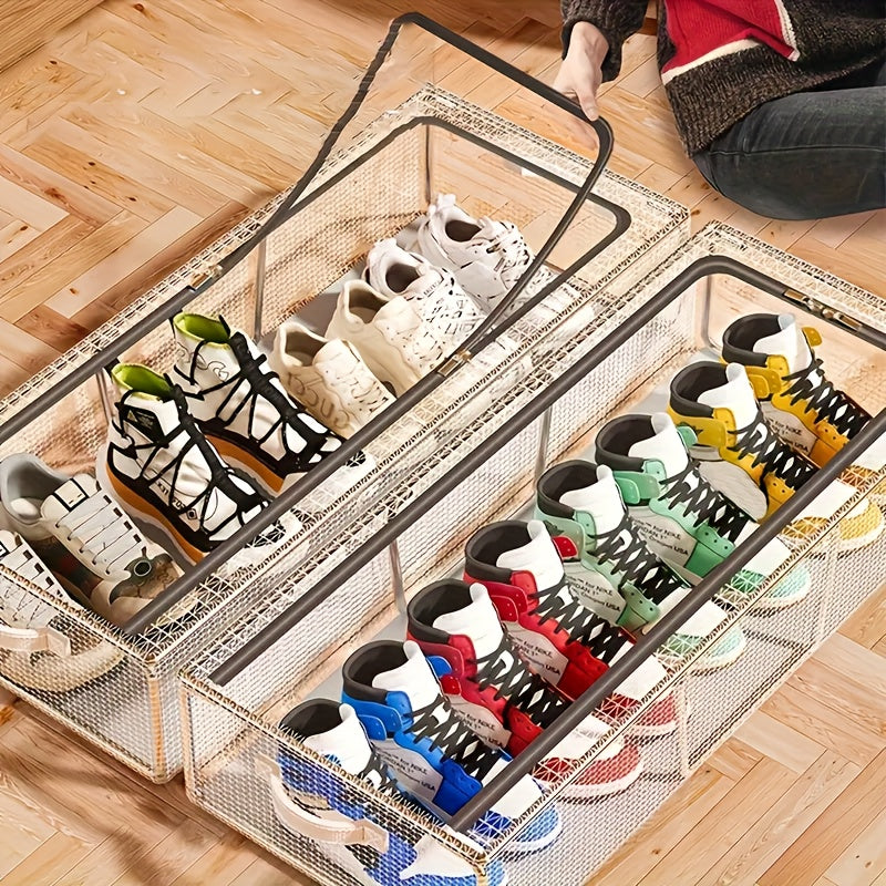 2 Transparent Shoe Storage Boxes, Easy Modern Style PVC Material, Rectangular with Steel Frame Support, with 2 Openable Transparent Windows, Space-Saving Foldable Shoe Rack, Suitable for Home Dormitory Shoe Organization, Under The Bed Storage Box