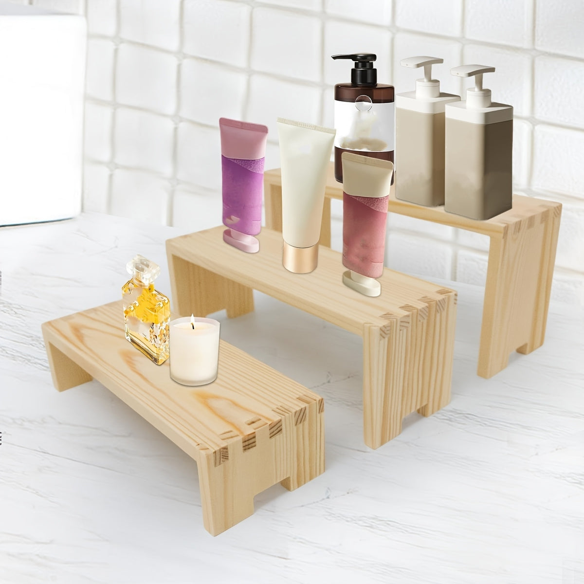 Three-Tier Wooden Display Rack - a Modern Rectangular Home Decor Storage Shelf, a Space-Saving Tabletop Organizer