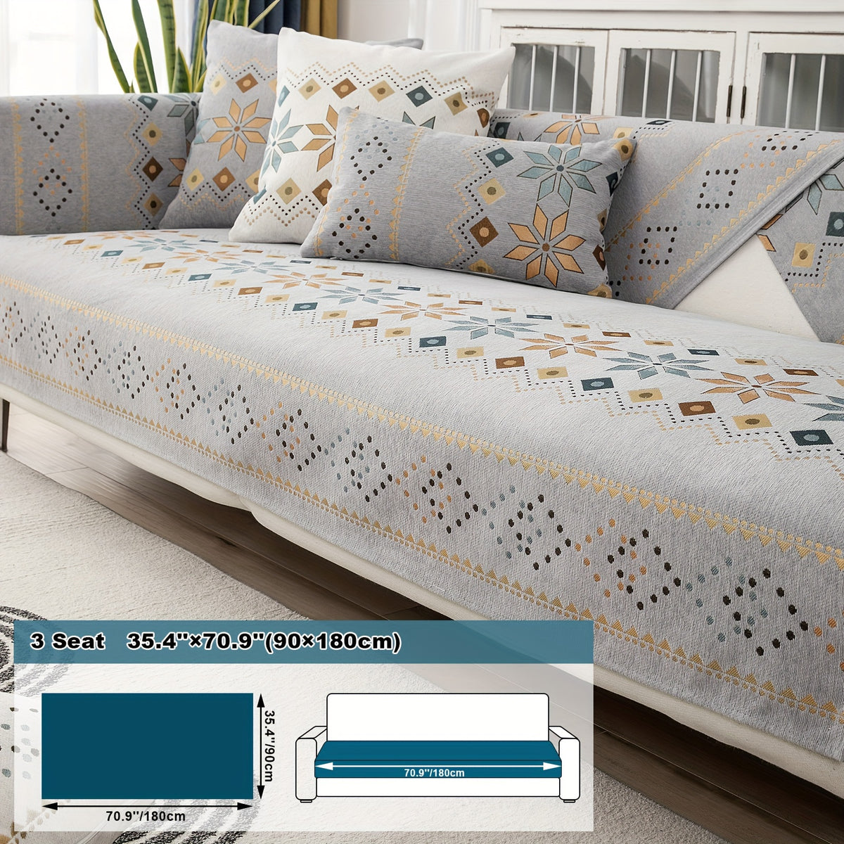 1pc Bohemian Chenille Sofa Cover Suitable for Sofa Sizes (Single to Four-Seater) - Thick Plush Non-Slip Couch Cover with Geometric Embroidery, Chenier Fabric Slipcover Fits for Sectional Sofas, Machine Washable Furniture