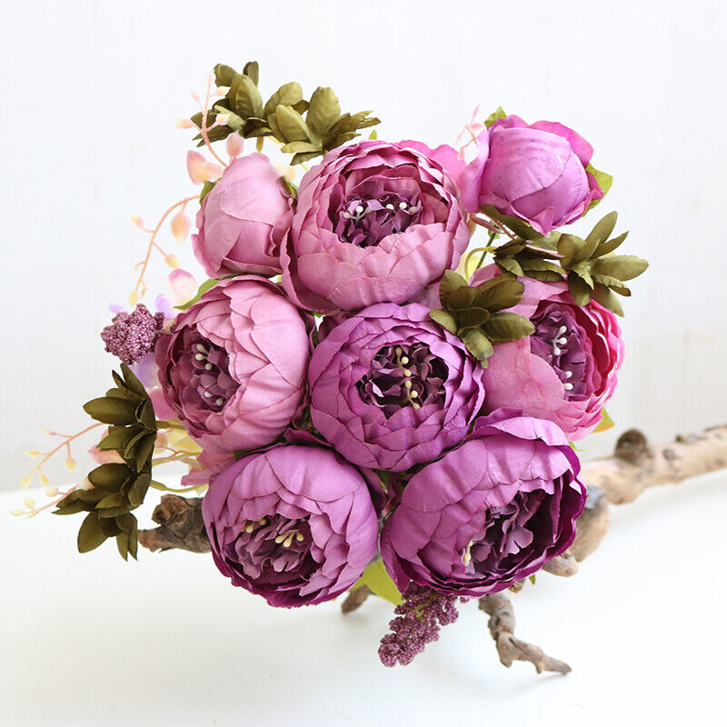 13-Head Artificial Peony Bouquet with Realistic Blooms & Lush Green Foliage - UV-Resistant Plastic Flowers with Sturdy Stems, Multi-Color Options (Pink, Red, White, Blue, Purple, Yellow, Lavender, Peach, ) for Weddings, Home, Garden, Office Decor - Indoor