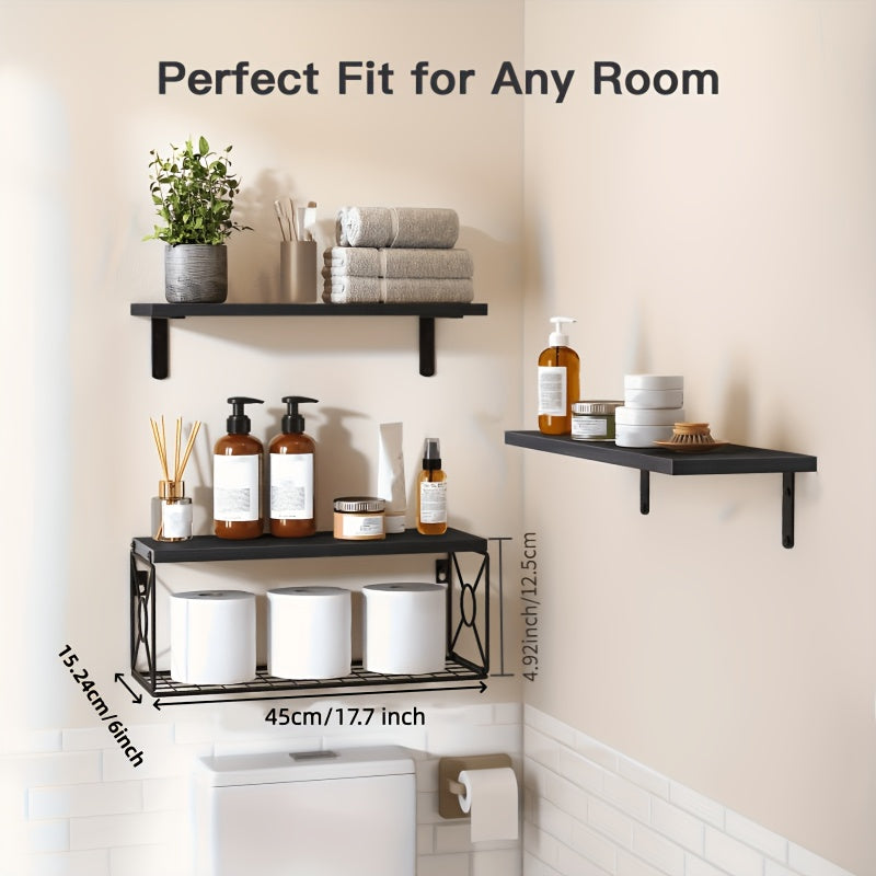 3pcs Wall Mounted Floating Shelves Over Toilet | Small Farmhouse Decor Shelf for Toilet Paper Storage, Unfinished Wood End, Black and Brown