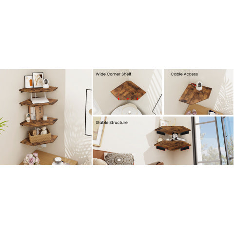 4pcs Solid Wood Corner Shelf Set - Rustic Brown Wall-Mounted Cable Management Shelves with Wire Hole Design & Hidden Wiring for Bathroom, Bedroom, - Space-Saving Corner Shelves Suitable for Cable Boxes & Storage Organization