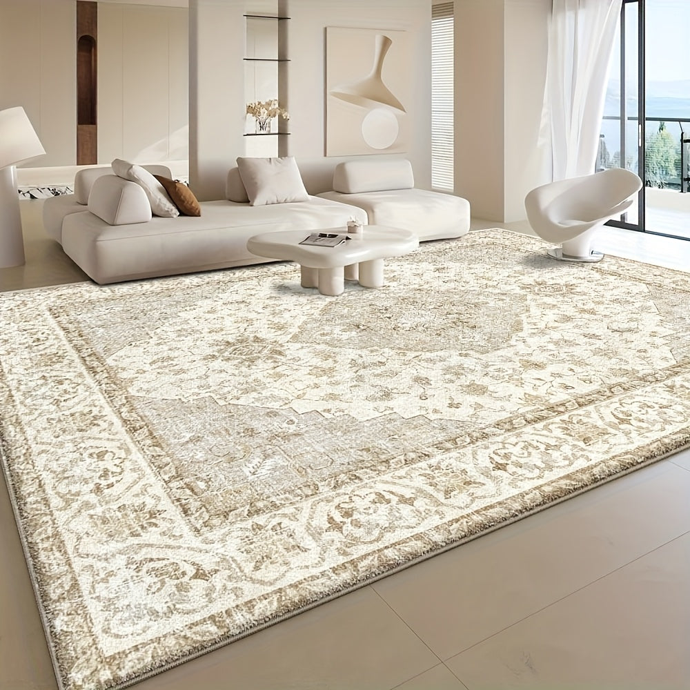 Plush Velvet Floral & Geometric Area Rug - 850 GSM Non-Slip Backing, Machine Washable Polyester - Soft Beige & Cream Design for Living Room, Bedroom, Office - Lightweight Decorative Floor Mat for Game Rooms & Home Decor