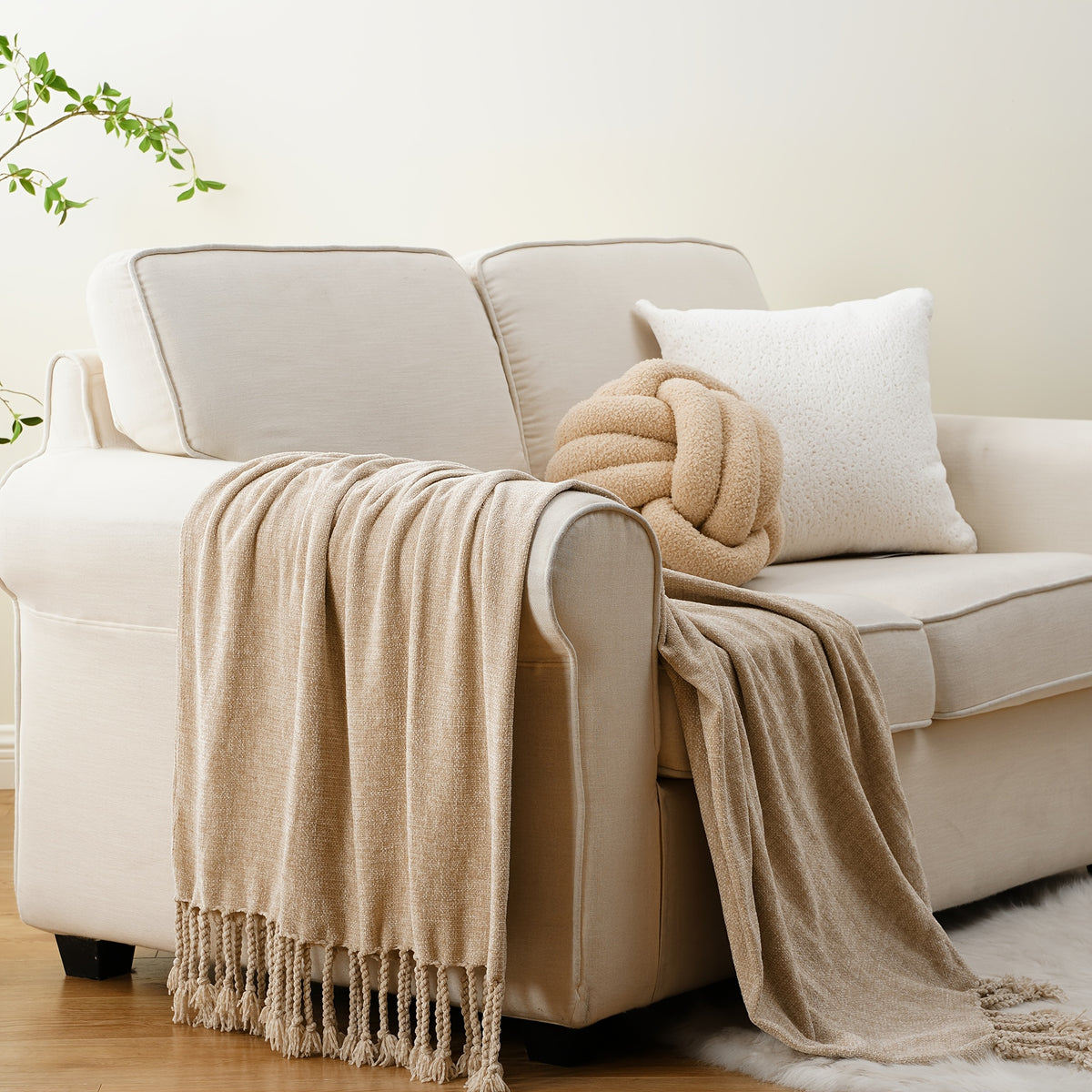 Decorative Fringe Velvety Throw Blanket for Sofa Home Decor, Chenille Throw Blanket for Couch, 50"x60"
