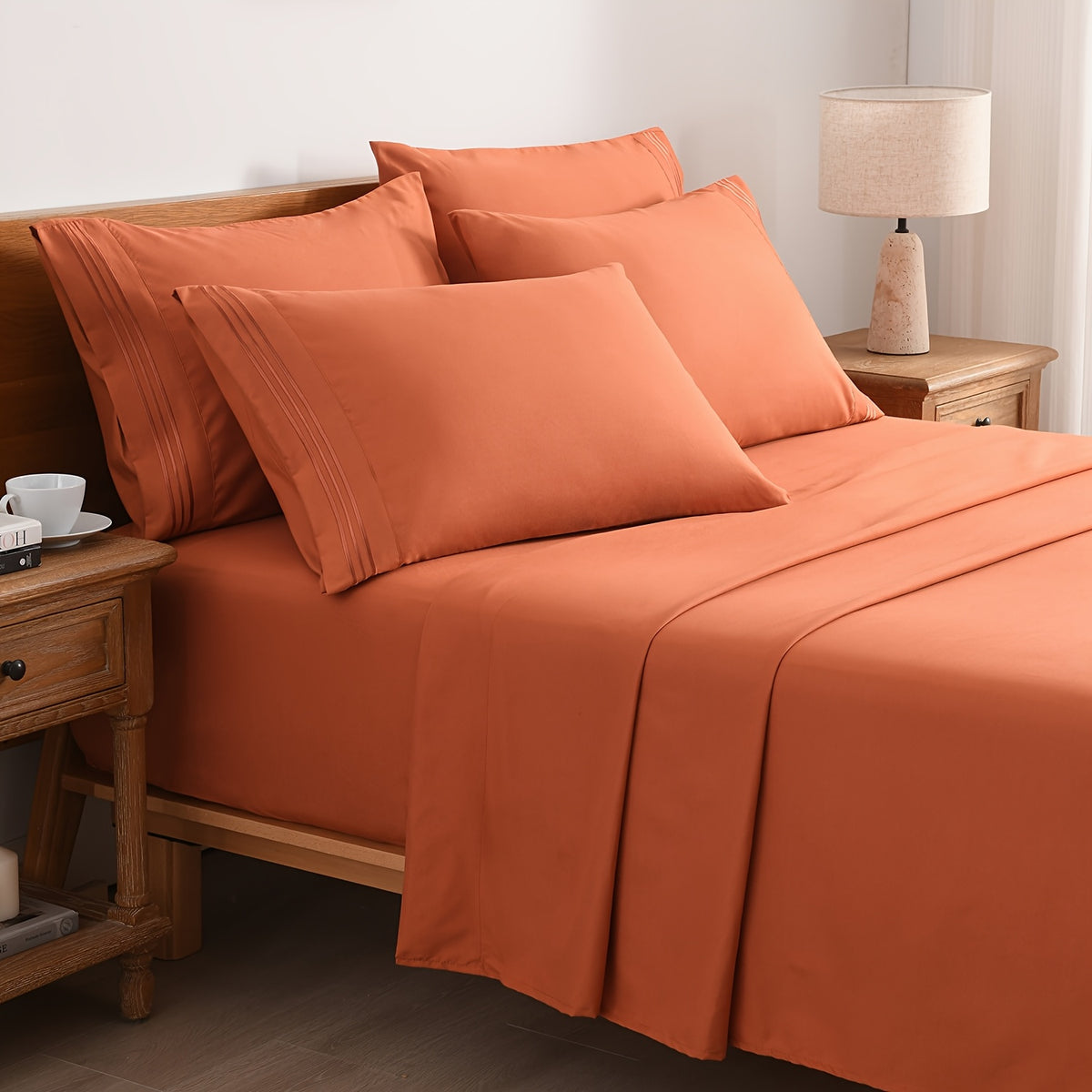 6pcs Summer Cooling Bed Sheet Set, 18 Inch Deep Pocket Ultra Soft Breathable Polyester Solid Color Bedding Three Embroidery 100 GSM Anti Fading Wear Resistant Wrinkle Free Easy Care Bedroom Home Decor