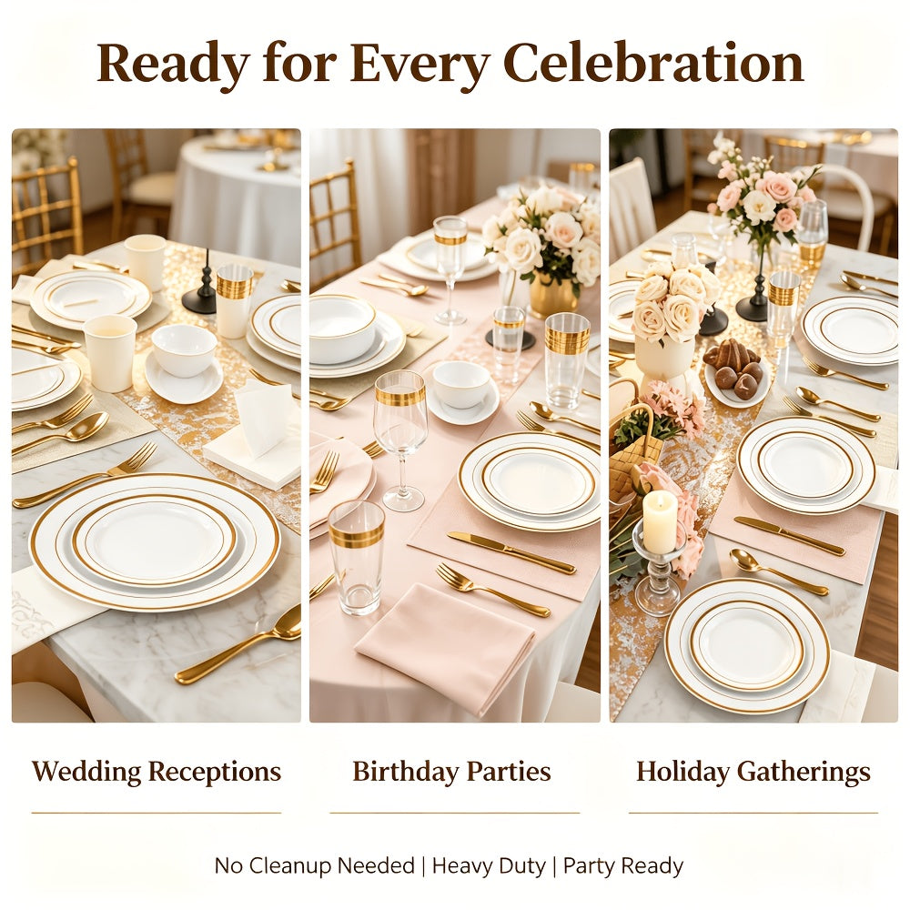 Set of 350/700 Golden/Silver Disposable Plates for 50/100 Guests, Disposable Plastic Plates for Parties, Wedding, Graduation, Birthday, Dinnerware Set of Dinner Plates, Salad Plates, Cutlery, Cups And Napkins
