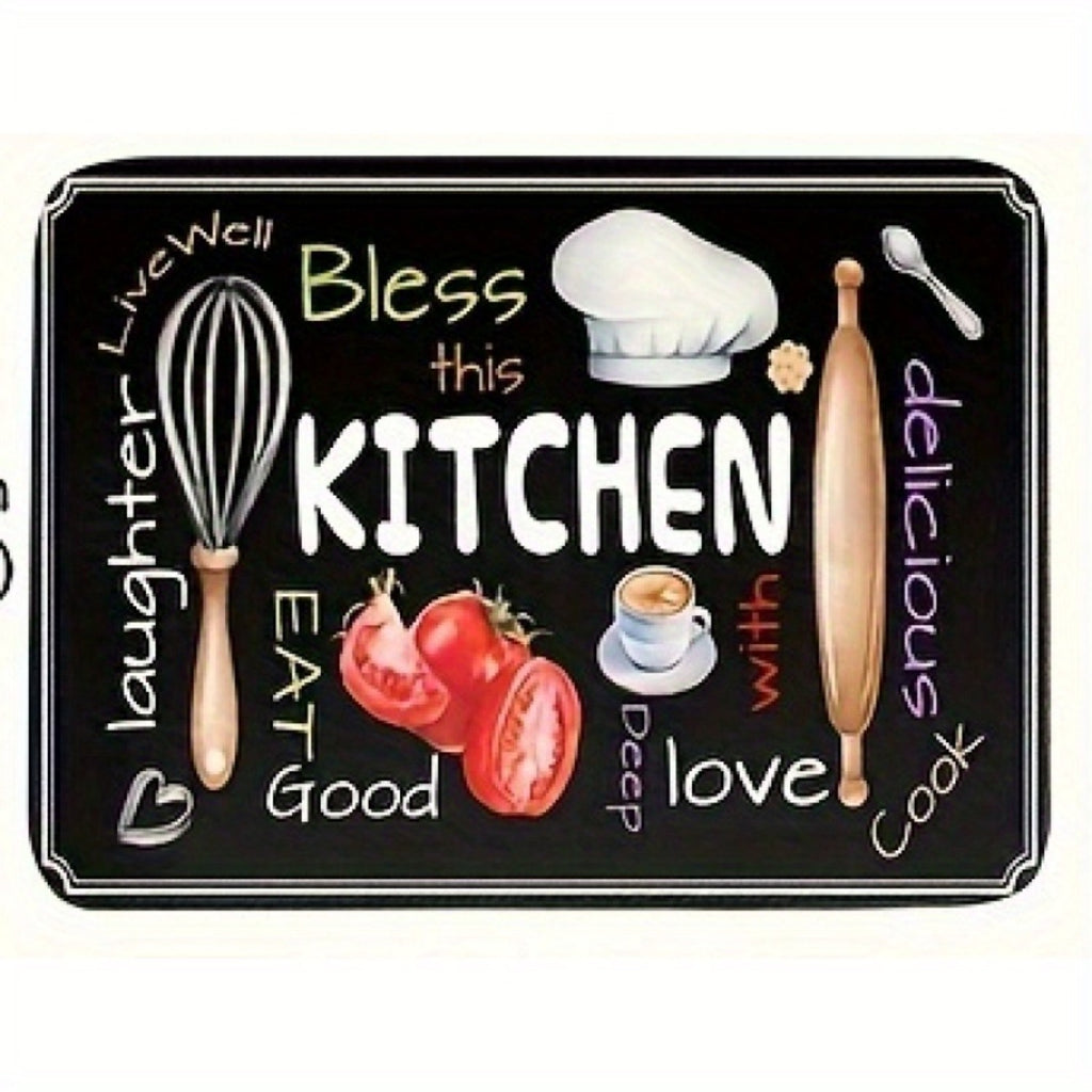 Bless This Kitchen Floor Mat Set, 3-Piece Black Decorative Rugs with Colorful Utensil and Food Print for Sink Areas, Cooking Spaces and Home Decor