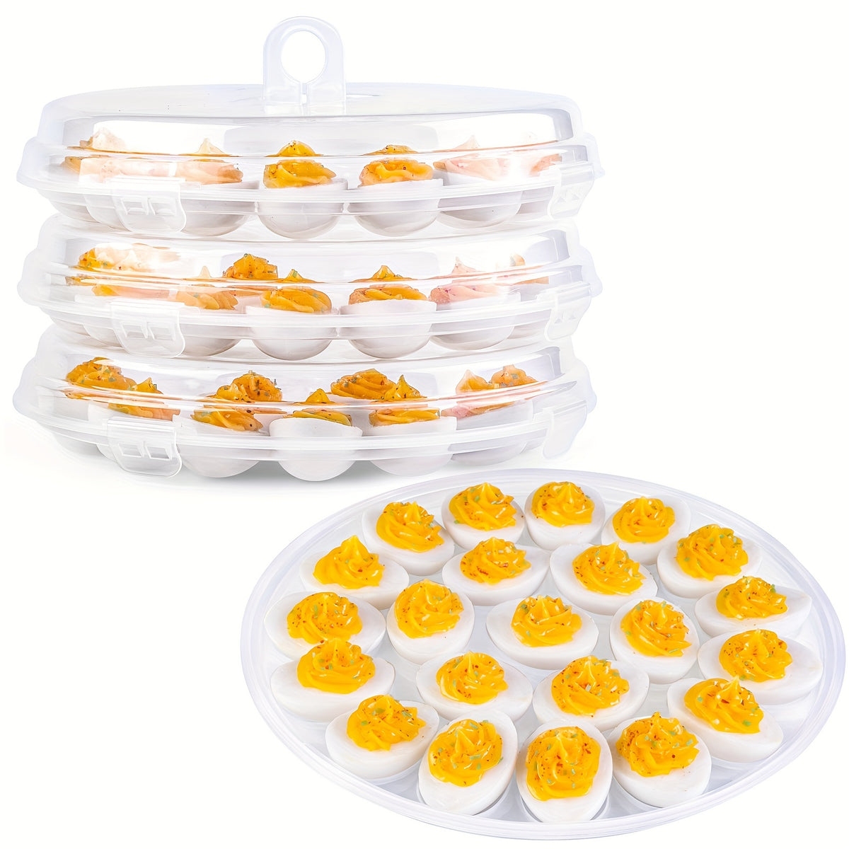 Deviled Egg Containers with Lids, 3-Piece Plastic Carrier Set with 66 Slots and Handles for Potlucks, Easter Parties, Picnics and Family Gatherings