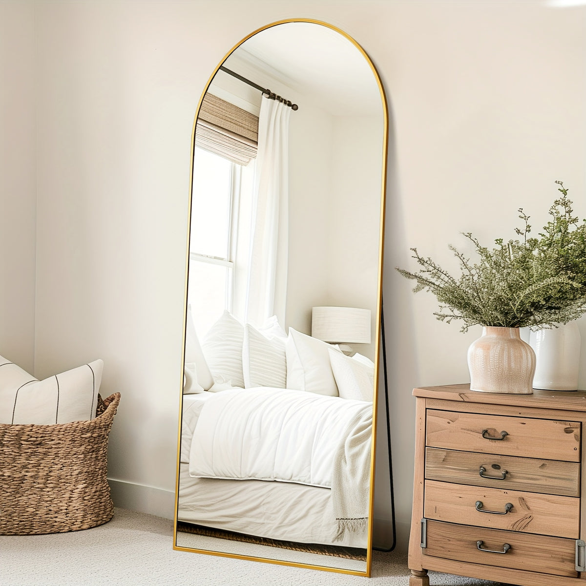 Bedroom Full Length Mirror with Stand, Black or Golden Dressing Mirror with Arched and Rectangular Size Options for Living Room and Cloakroom Decor