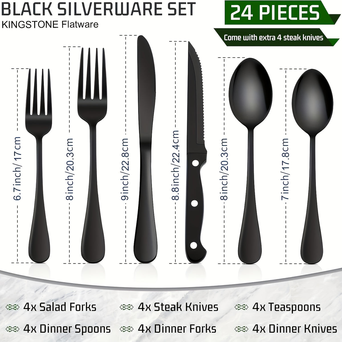 24/48pcs Black Silverware Set With Steak Knives Service For 4/8, Christmas Stainless Steel Flatware Set, Mirror Polished Kitchen Accessories, Home Kitchen Party Eating Tableware Set, Include Fork Knife Spoon Set, Dishwasher Safe (Silver, Black)