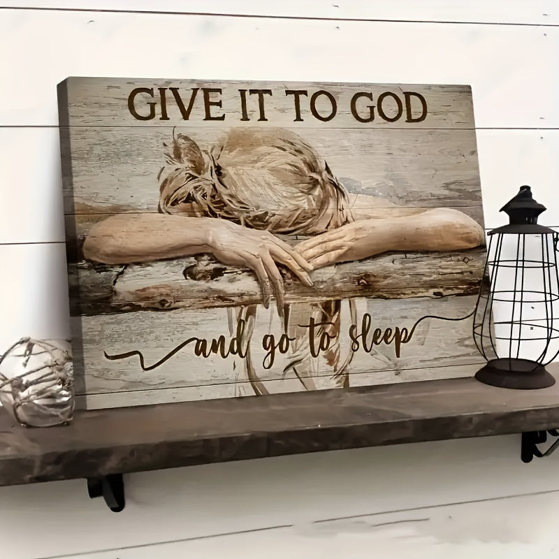 1pc Framed Painting Sleeping Girl Give It To God And Go To Sleep Canvas Posters And Prints Wall Art Pictures With Frame For Living Room & Bedroom, Home Decoration, Festival Gift For Her/Him, Ready To Hang  for Halloween&Christmas