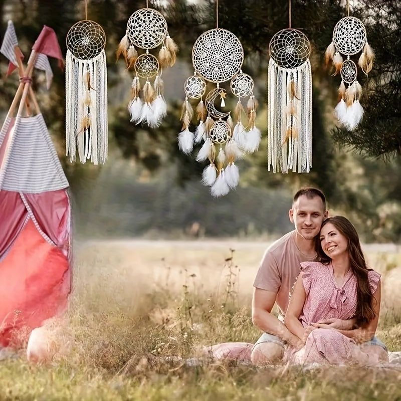 5pcs Large Size Dream Catcher, Handmade Moon Dream Chaser, Beautiful Dream Chaser Wall Decoration Dream Chaser Boho Wall Decoration Moon And Sun Sweet Dream Bed Decoration (camel Color, Not Included, Lamp, Stick), Best for Christmas, Perfect for Thanksgiv