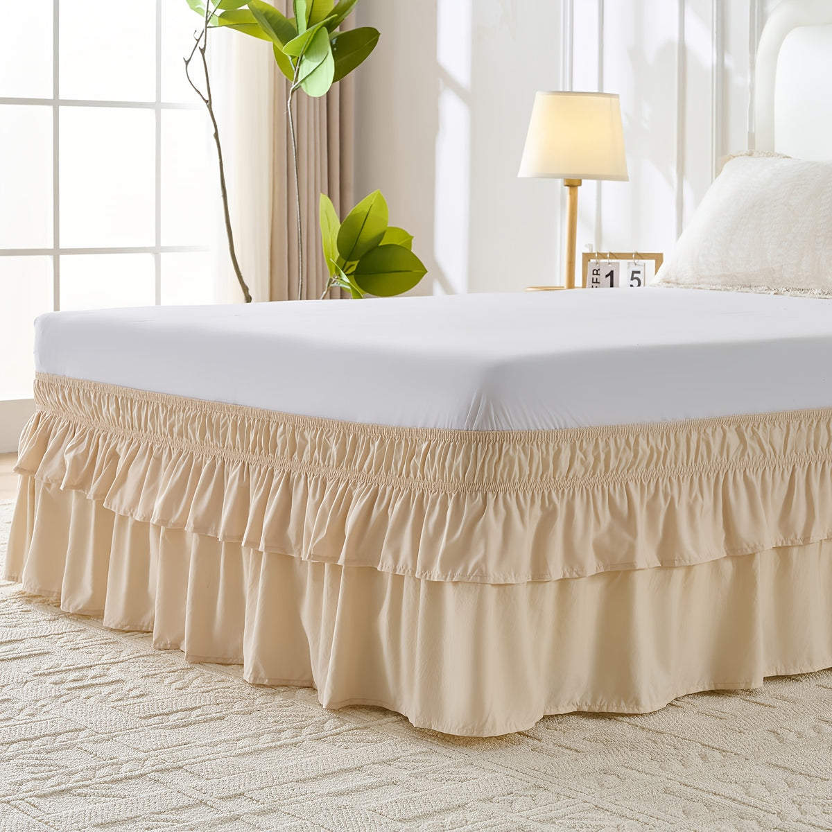 Double Ruffle Bed Skirt 16 Inch Drop, Elastic Wrap Around Bed Skirts For Twin Full Queen King Size Bed, Easy To Install Dust Ruffle, Machine Washable Soft Fabric, Multi Ruffle Bedskirt For Bedroom Bedding Home Decor
