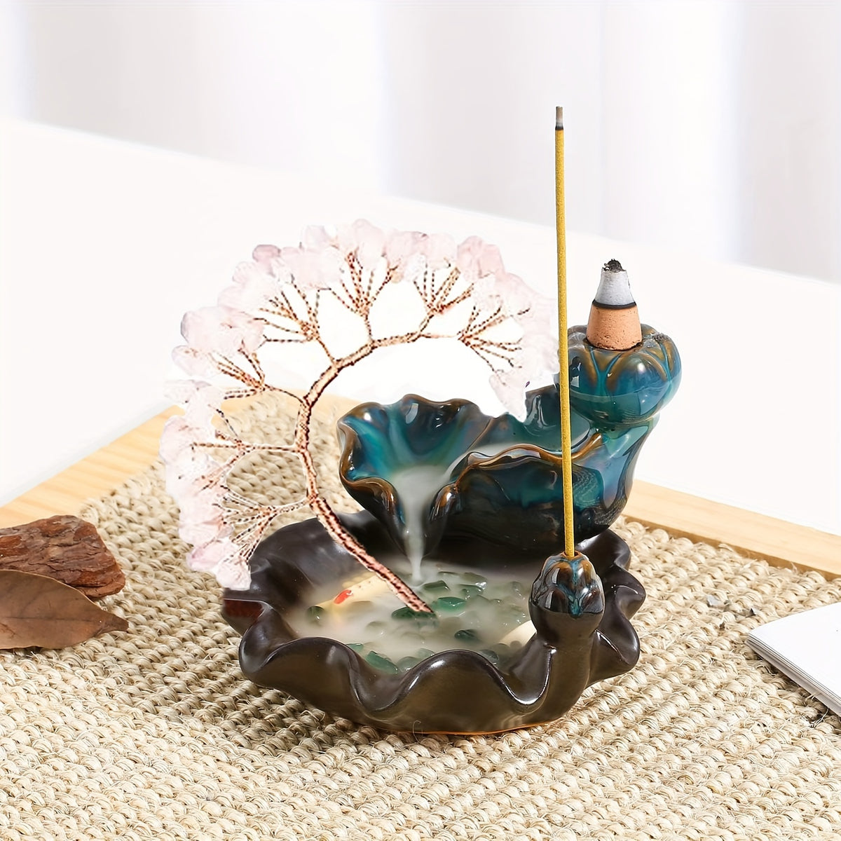 A Ceramic Incense Holder with 7 Flowing Water Crystal Money Trees, Suitable for Yoga Meditation And Home Decoration.