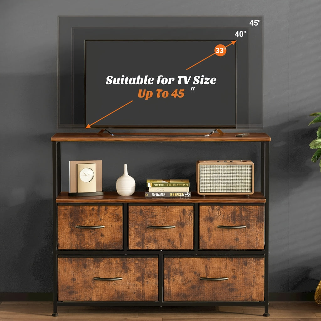 5-Drawer Cabinet Tower, Father'S Day Gift, TV Stand for Bedroom, TV Dresser for 45 Inches, Media Console Table, Entertainment Center with 5 Fabric Drawers Cabinet And Open Storage Shelf Other (Furniture) Cabinet for Living Room, Hallway