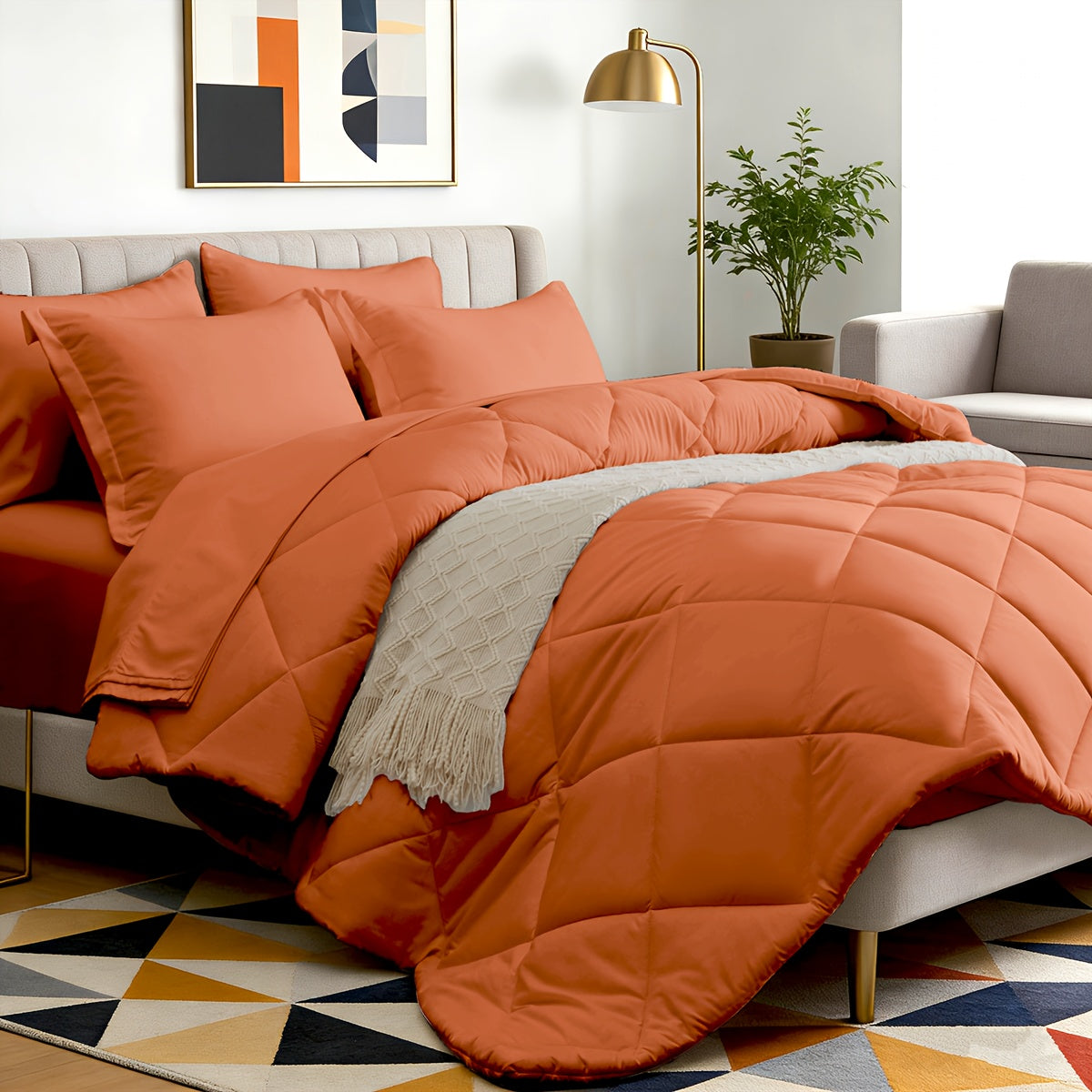 5/7pcs Luxurious Double-sided Checked Pattern Comforter Set-Breathable-Ultra Soft Fluffy Fiber Filling, Warmth for All Seasons-Bed In A Bag with Comforter, Flat Sheet, Fitted Sheet, Pillowcases, And Pillowshams, Family Gift Set, Random Color
