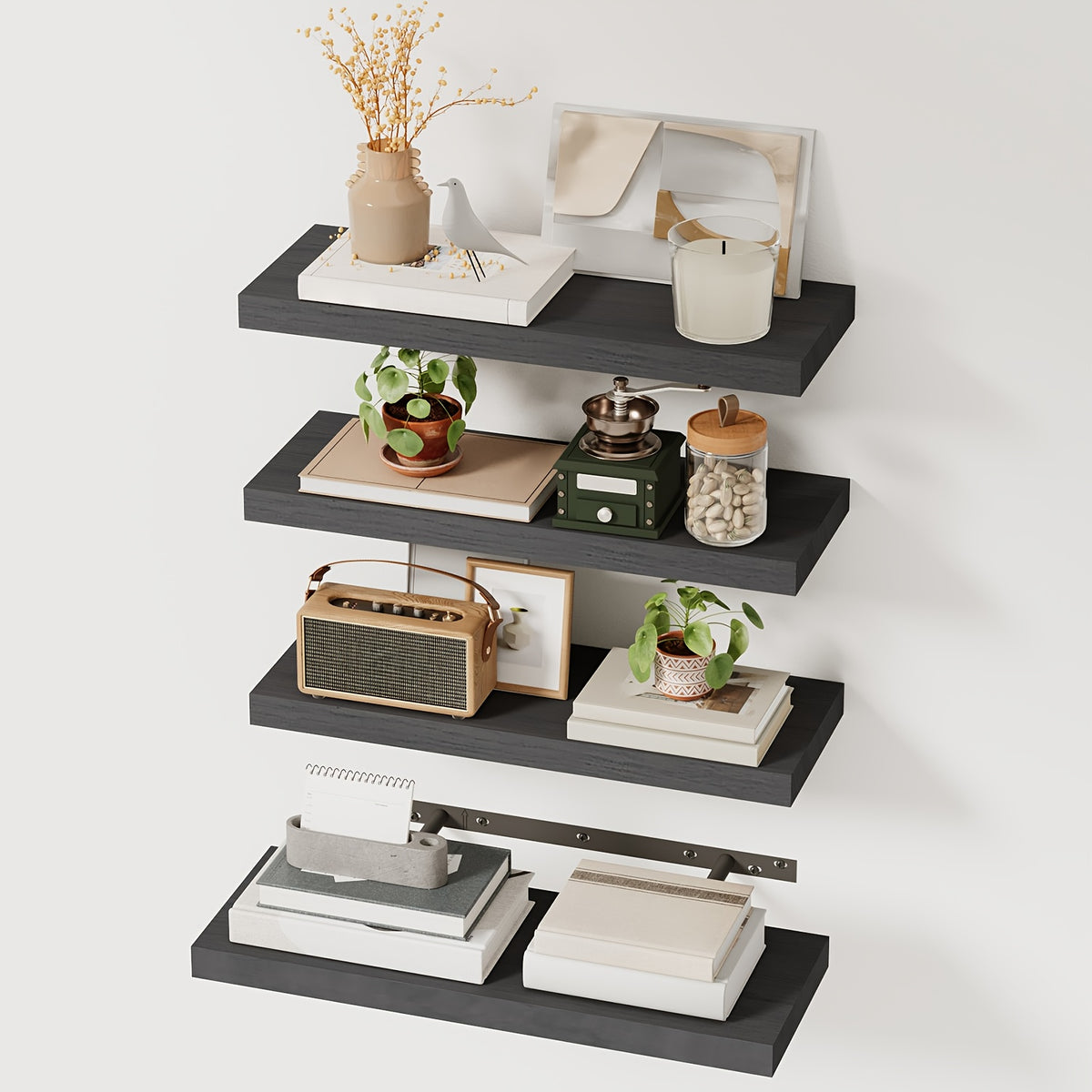 Whonline 4/5pcs Floating Shelves, Gray&White&Black, Rustic Wood Finish Wall Shelves, Shelves For Wall Decor, With Invisible Brackets, Fixed Storage Rack For Kitchen, For Room Decor, Bathroom Storage, Heavy Duty Shelves