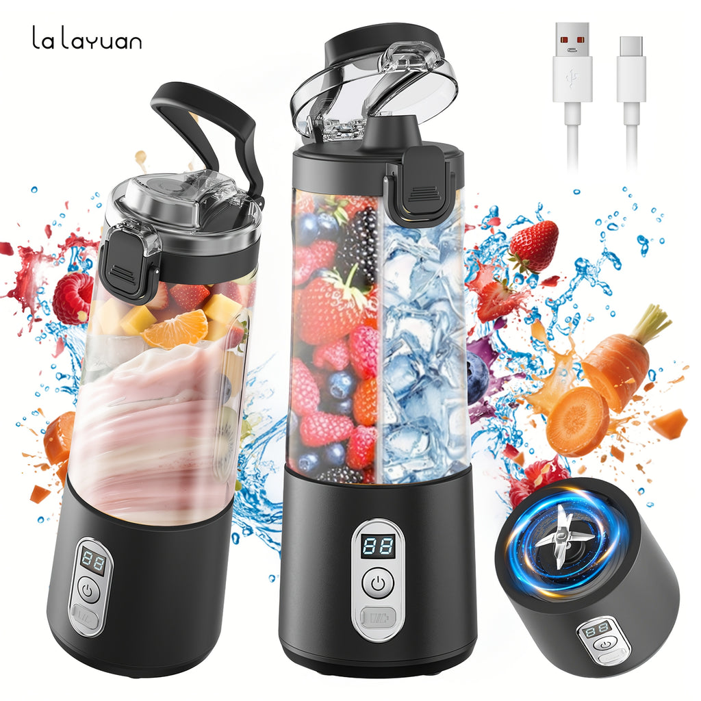 LALAYUAN USB-Powered Juicer & Juicer with Digital Timer, Battery Left Display, High-Speed Ice Crush, USB-C Fast Charge, One-Tap NO-Spill Lid, 6-Blade Stainless Steel - Smoothie Blender Portable, Protein Shakes, Gym, Travel Smoothie Maker