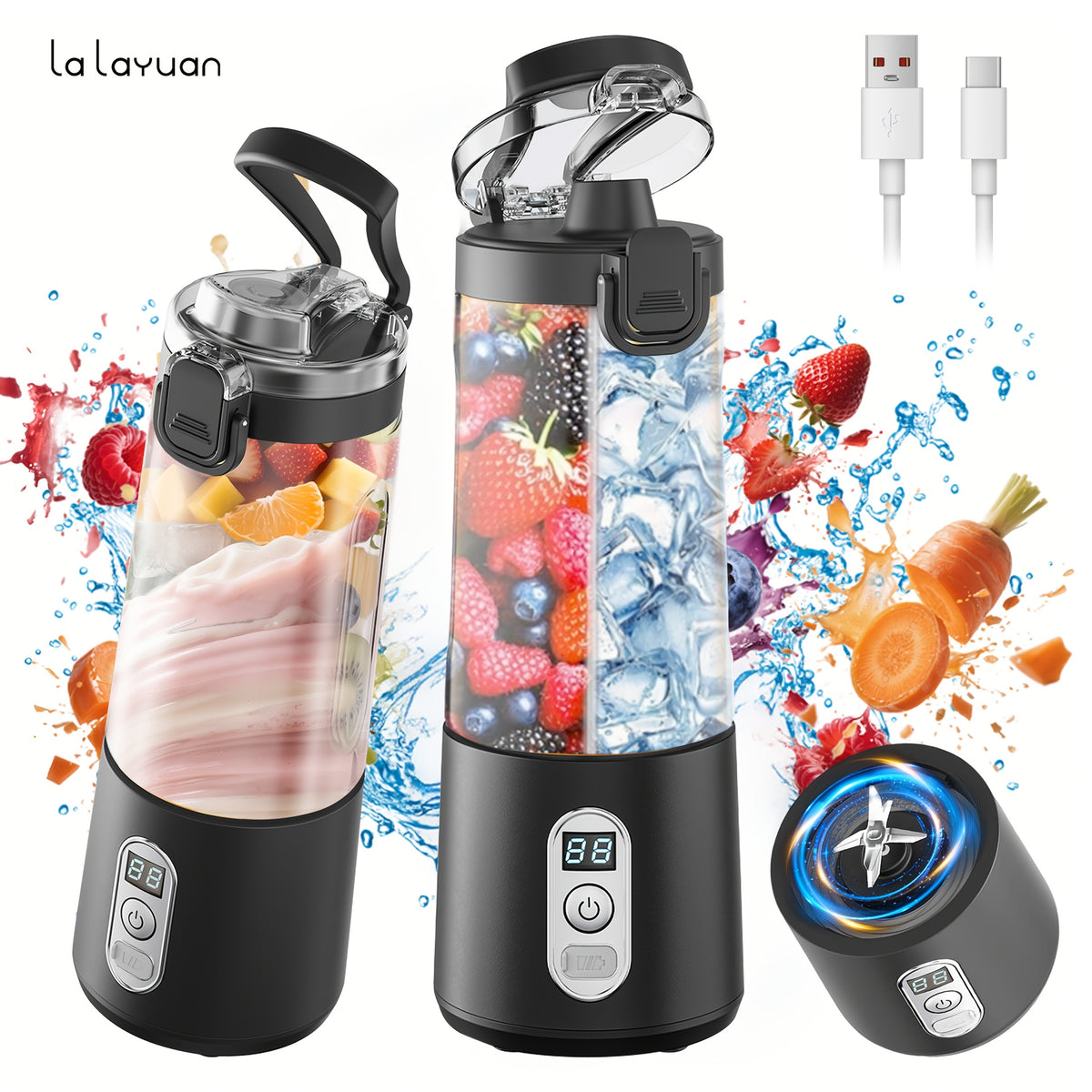 LALAYUAN USB-Powered Juicer & Juicer with Digital Timer, Battery Left Display, High-Speed Ice Crush, USB-C Fast Charge, One-Tap NO-Spill Lid, 6-Blade Stainless Steel - Smoothie Blender Portable, Protein Shakes, Gym, Travel Smoothie Maker