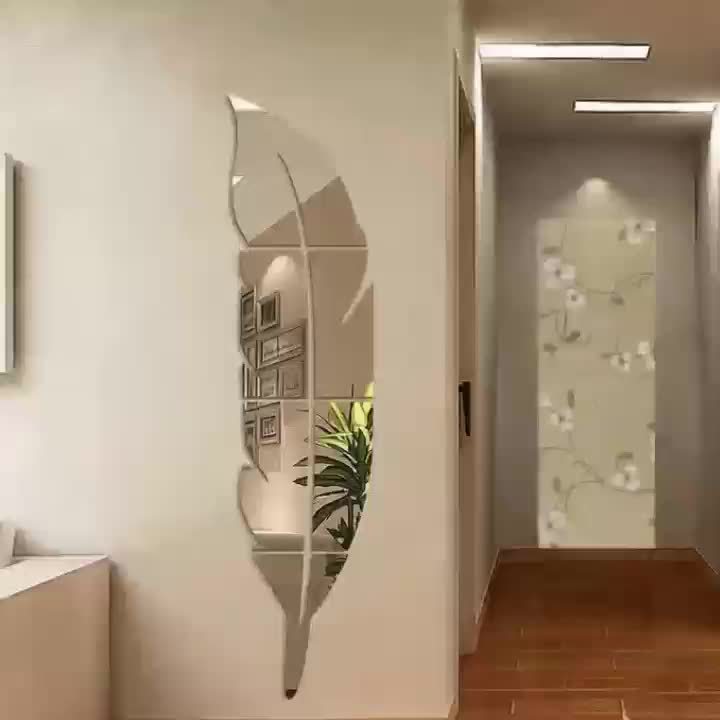 Aryclic Feather Mirror Wall Stickers, Self Adhesive Silver Home Art Decal Wall Decor, Living Room And Bedroom Wall Decoration