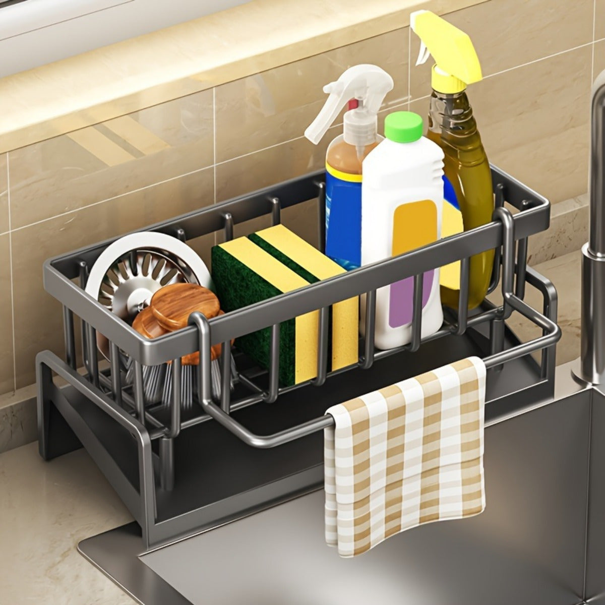 Kitchen Sink Caddy with Drainage, Kitchen Sink Organizer with Removable Brush Holder, Sink Caddy with Drainage for Dishwashing Brush, Sponge, Soap And Scrubbing Additions, Basket, Trash Can And Container