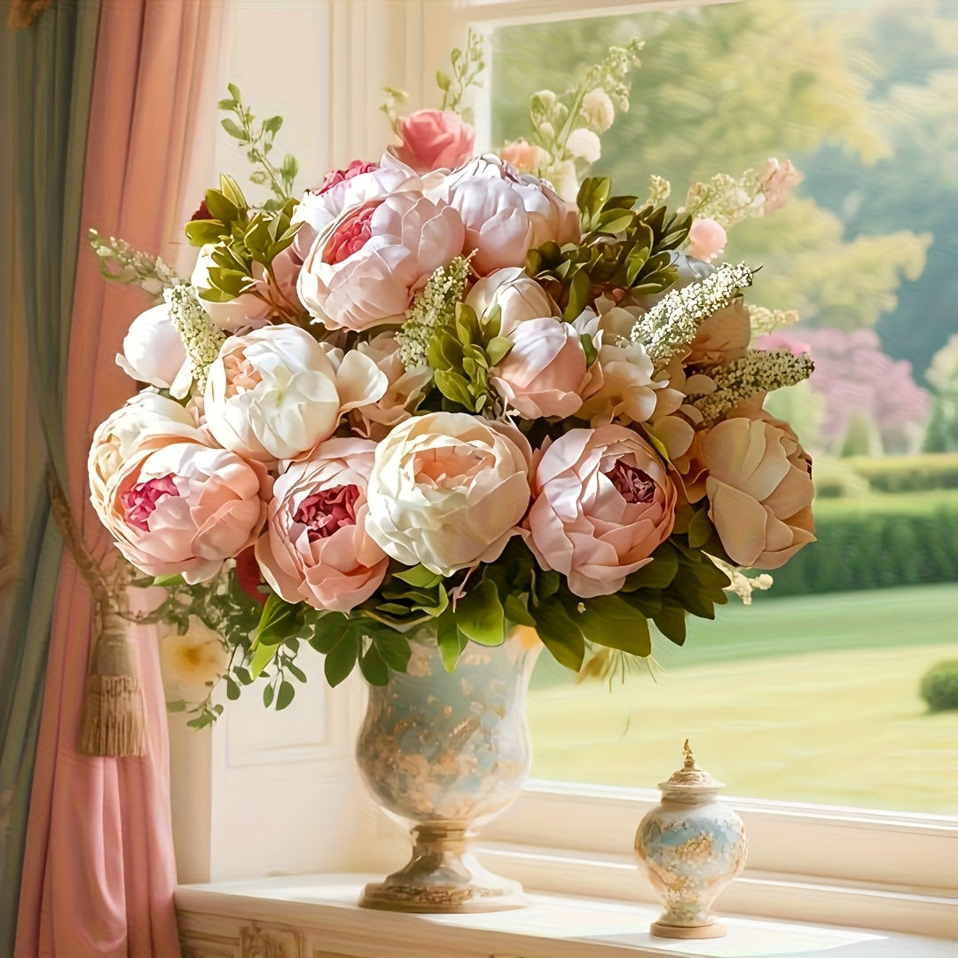 Vintage Faux Peonies, Peonies And Hydrangeas for Bridal Home Decor - Beautiful Floral Centerpiece (rustic, Pink, Green Mix).