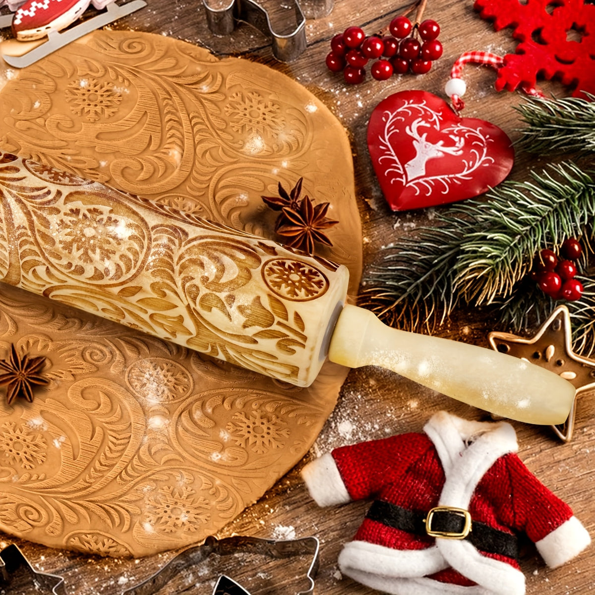 1pc Wooden Rolling Pin with Christmas Snowflake Pattern - Engraved Embossed Cookie Cutters, Ideal for Baking and Kitchen Decor, Perfect Gift for Birthdays, Holidays, and Moving, Festive Kitchen Tool|Decorative Rolling Pin|Durable Rolling Pin