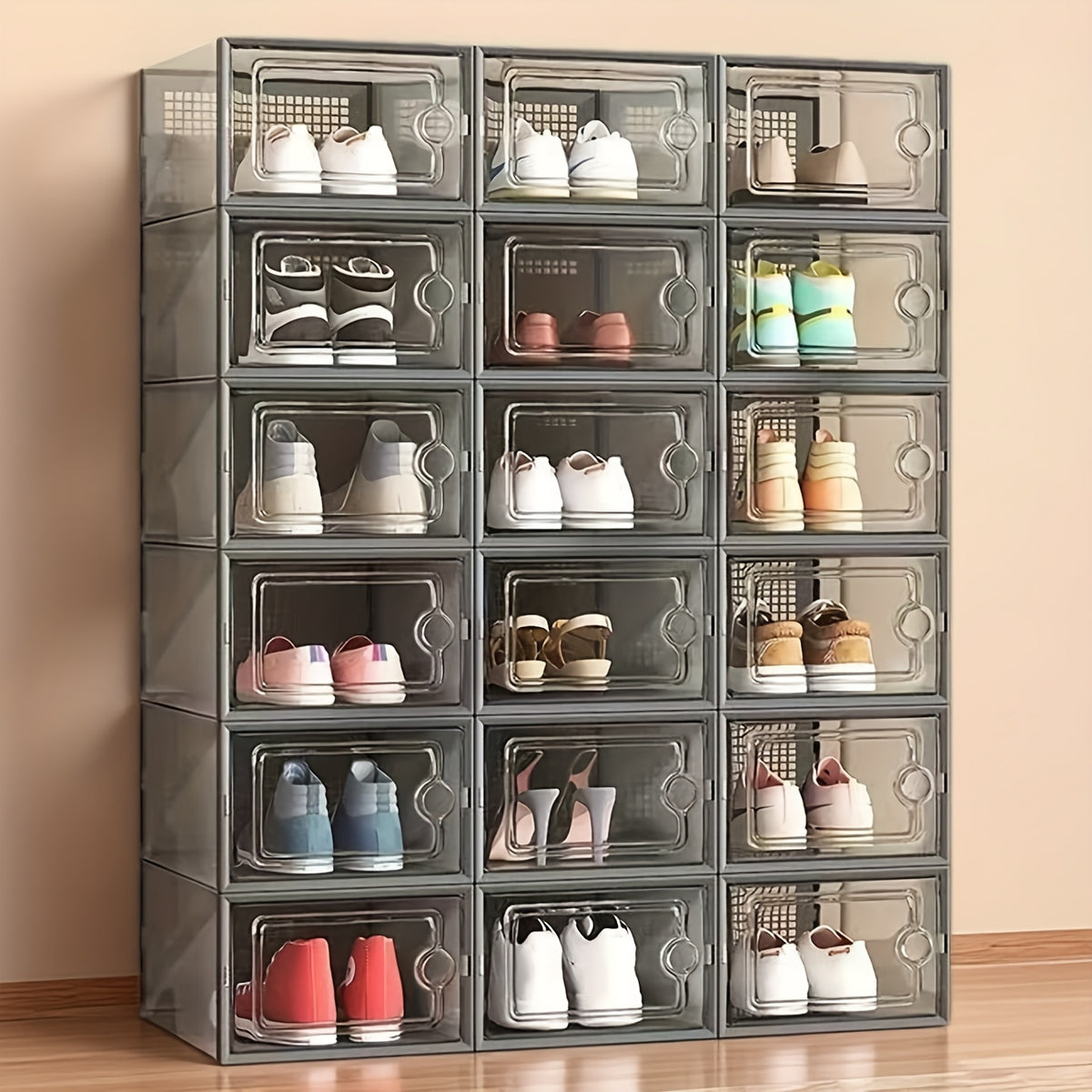 6/12/24pcs Thickened Transparent Shoe Boxes with Lid, Foldable Stackable Free Combination Shoe Rack, Plastic Sneaker Container, Space Saving Storage Organizer for Entryway Bedroom, Home Shoe Box Shoe Racks Shoe Storage Organizer Shelf