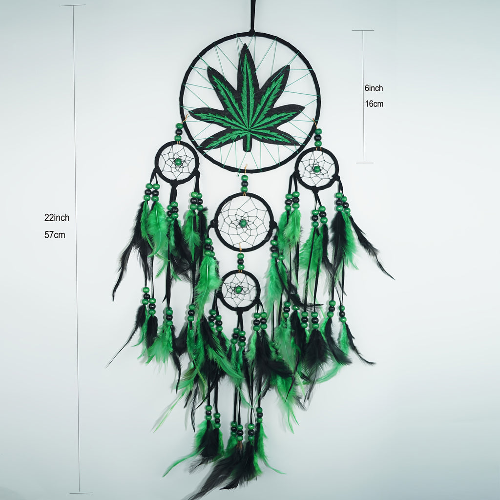 Bohemian Leaf Embroidered Dream Catcher with Feathers & Leaf Pot - Fabric Weed Gift for Women/Men, -Themed Tale Decor for Christmas, Bedside, or Cabin (Embroidery, Not Smokeable)