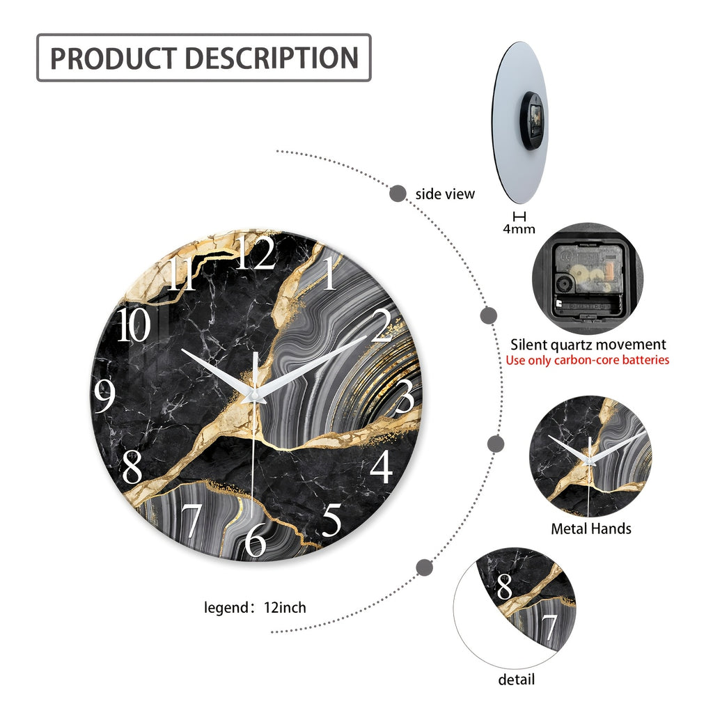 Modern Large Glass Wall Clock - Marble Texture, Silent Non-Ticking, AA Battery Powered (Batteries Not Included), for Modern Living Room, Bedroom, Kitchen, Office Wall Decor, Christmas And Housewarming Gift, Modern Living Room Decor, 12-24 Inch